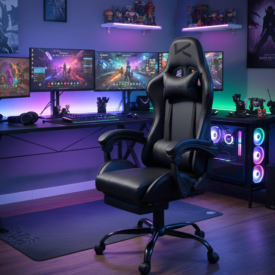 Silla Gamer Kuzler Negra Masajeador Lumbar Reposapiés y Base Metálica RIK-101AB