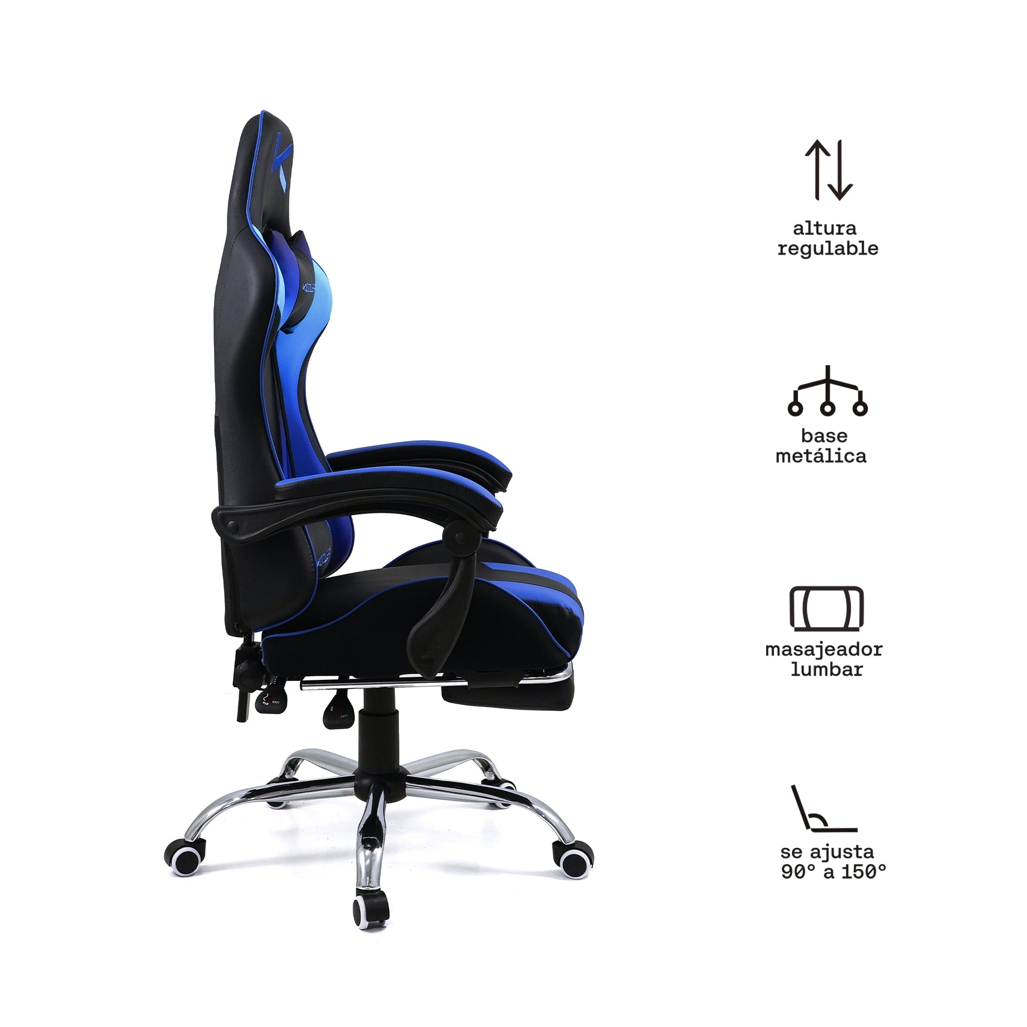 Silla Gamer azul con masajeador lumbar, reposapiés y base metálica
