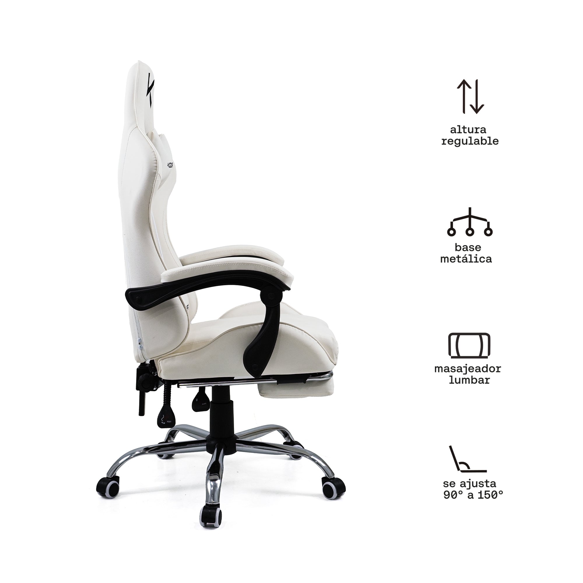 Silla Gamer Kuzler Blanca Masajeador Lumbar Reposapiés y Base Metálica RIK-101AW