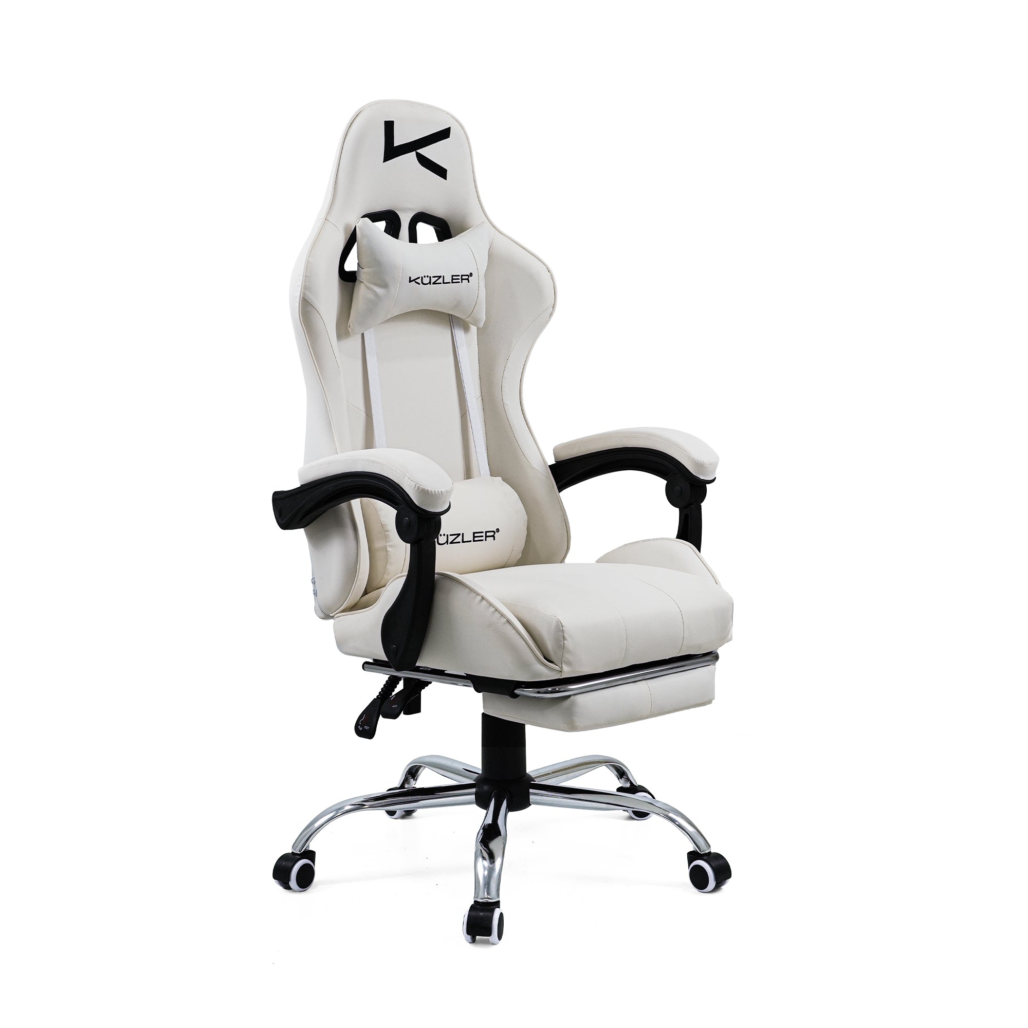 Silla Gamer Kuzler Blanca Masajeador Lumbar Reposapiés y Base Metálica RIK-101AW
