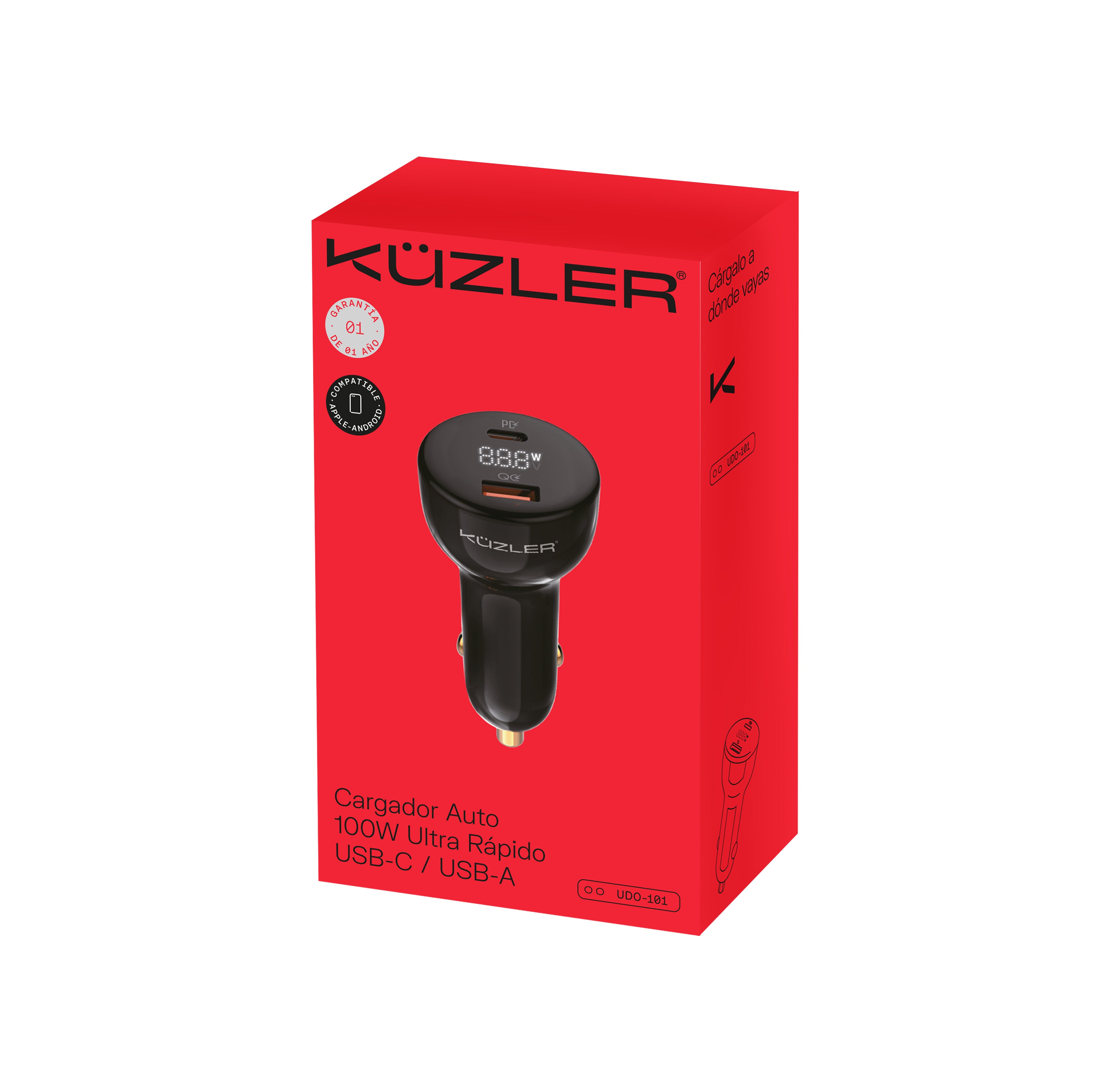 Cargador adaptador para carro auto carga ultra rápida 100w tipo C pantalla LED