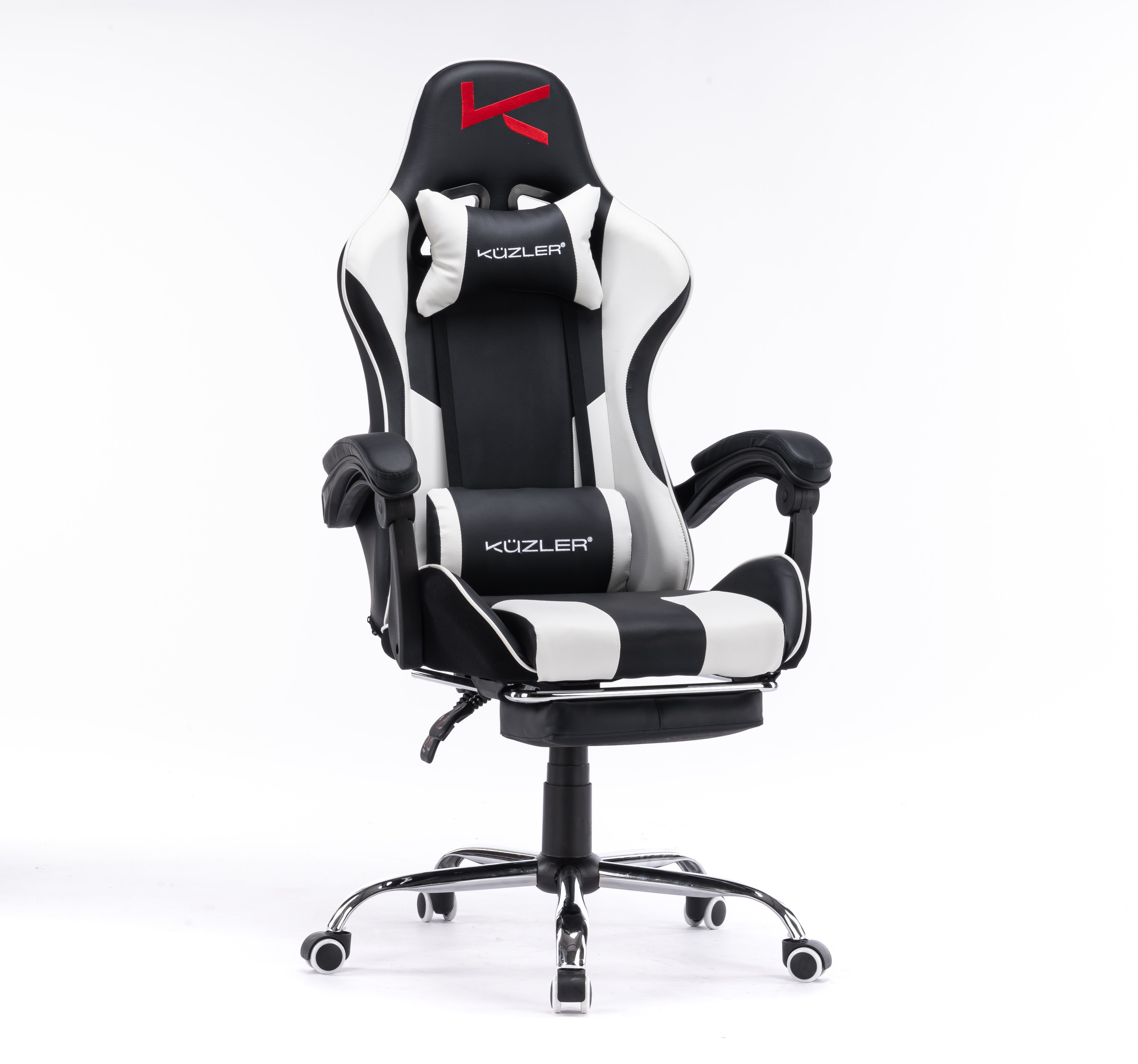 Silla Gamer blanca con masajeador lumbar, reposapiés y base metálica