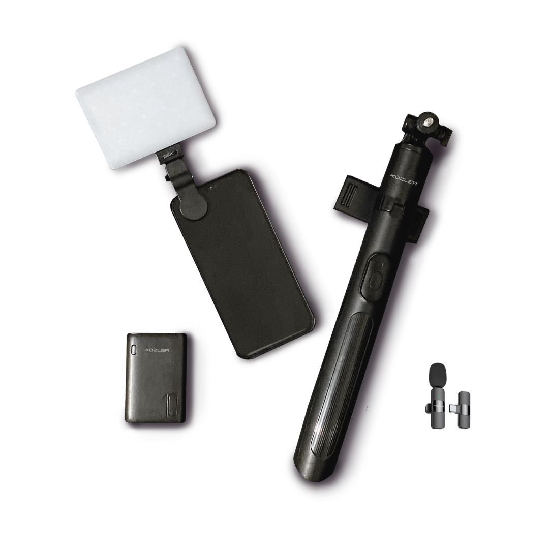 Pack 9: Trípode, luz led, micrófono tipo C y mini cargador portátil