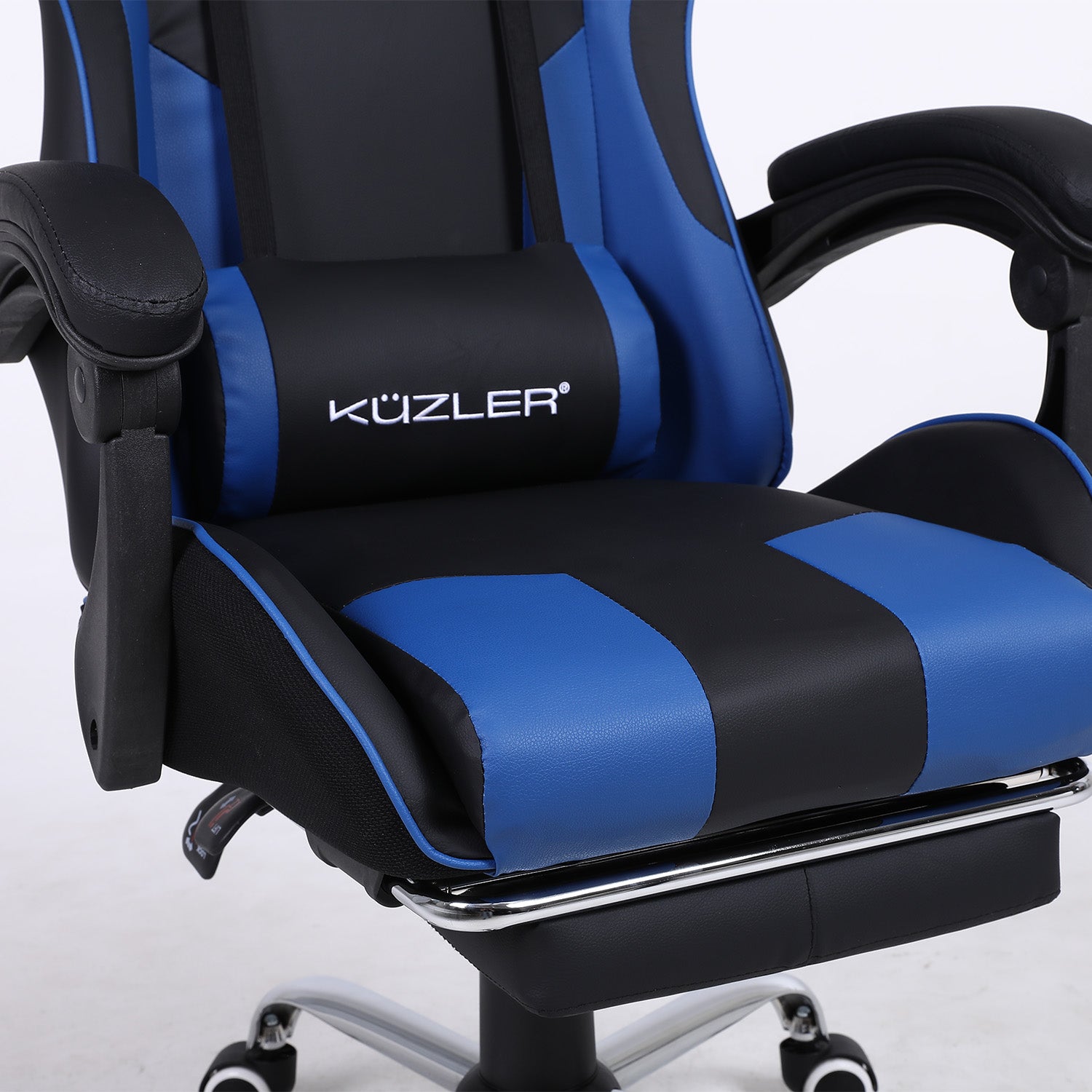 Silla Gamer azul con masajeador lumbar, reposapiés y base metálica