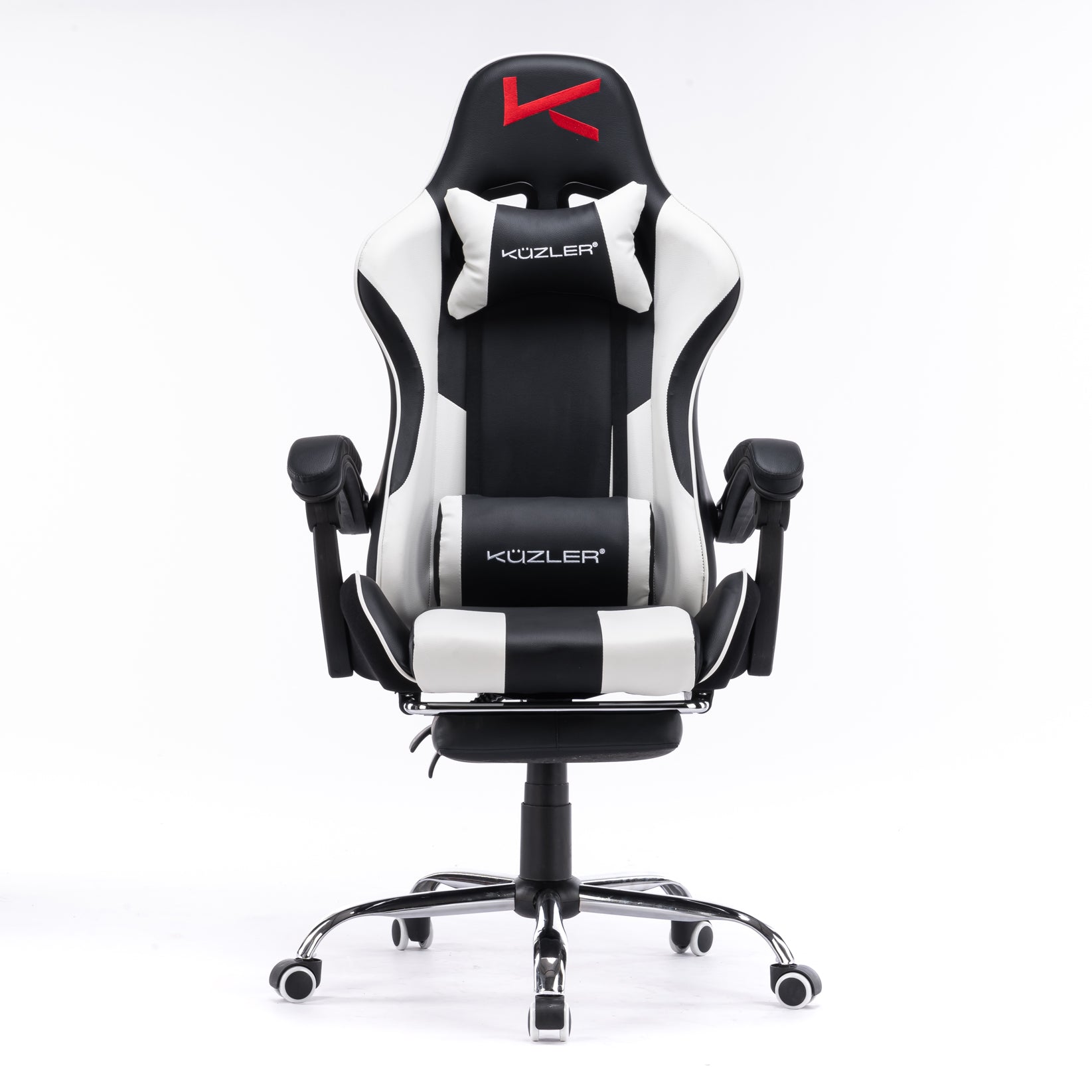 Silla Gamer blanca con masajeador lumbar, reposapiés y base metálica