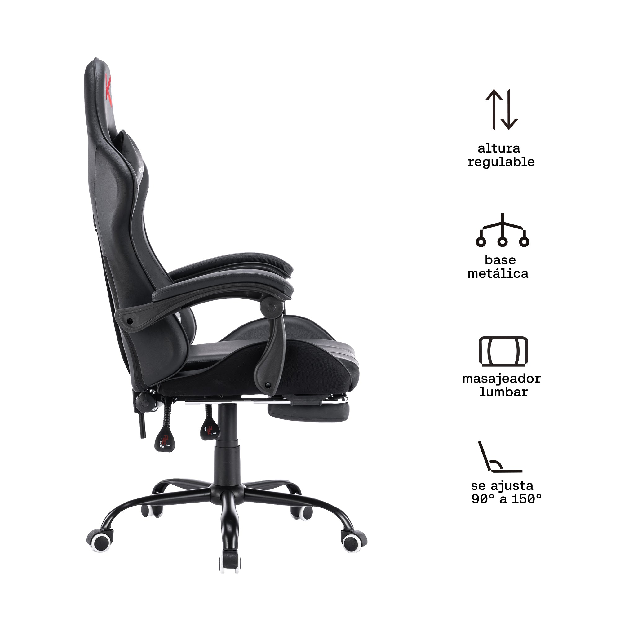 Silla Gamer negra black con masajeador lumbar, reposapiés y base metálica