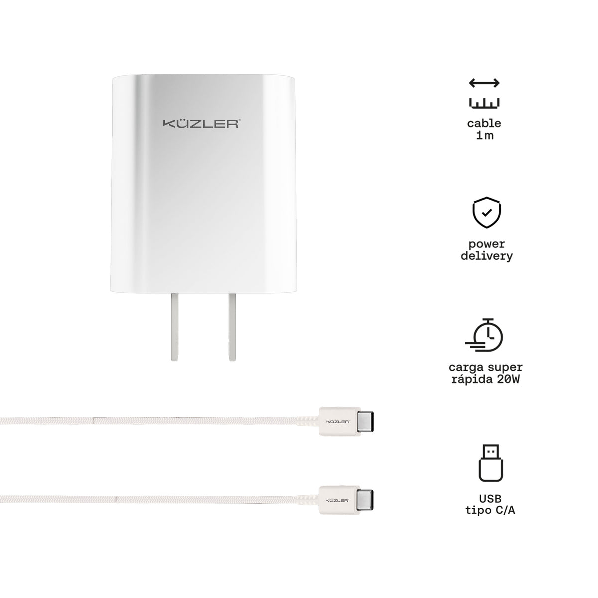 Cargador Tipo C/A 20W + Cable de carga rápida 1m 60W SPEEDVOLT-20B