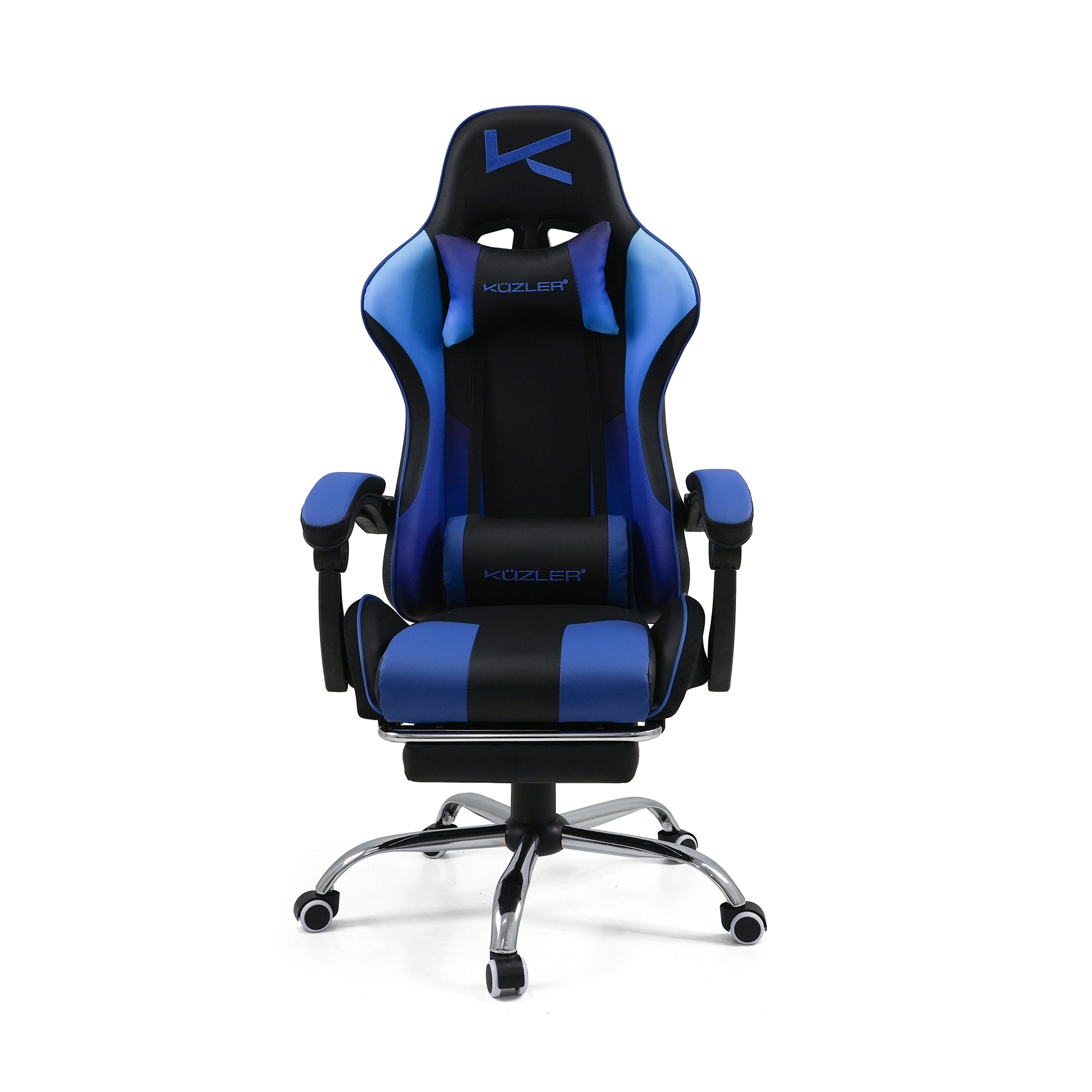 Silla Gamer azul con masajeador lumbar, reposapiés y base metálica
