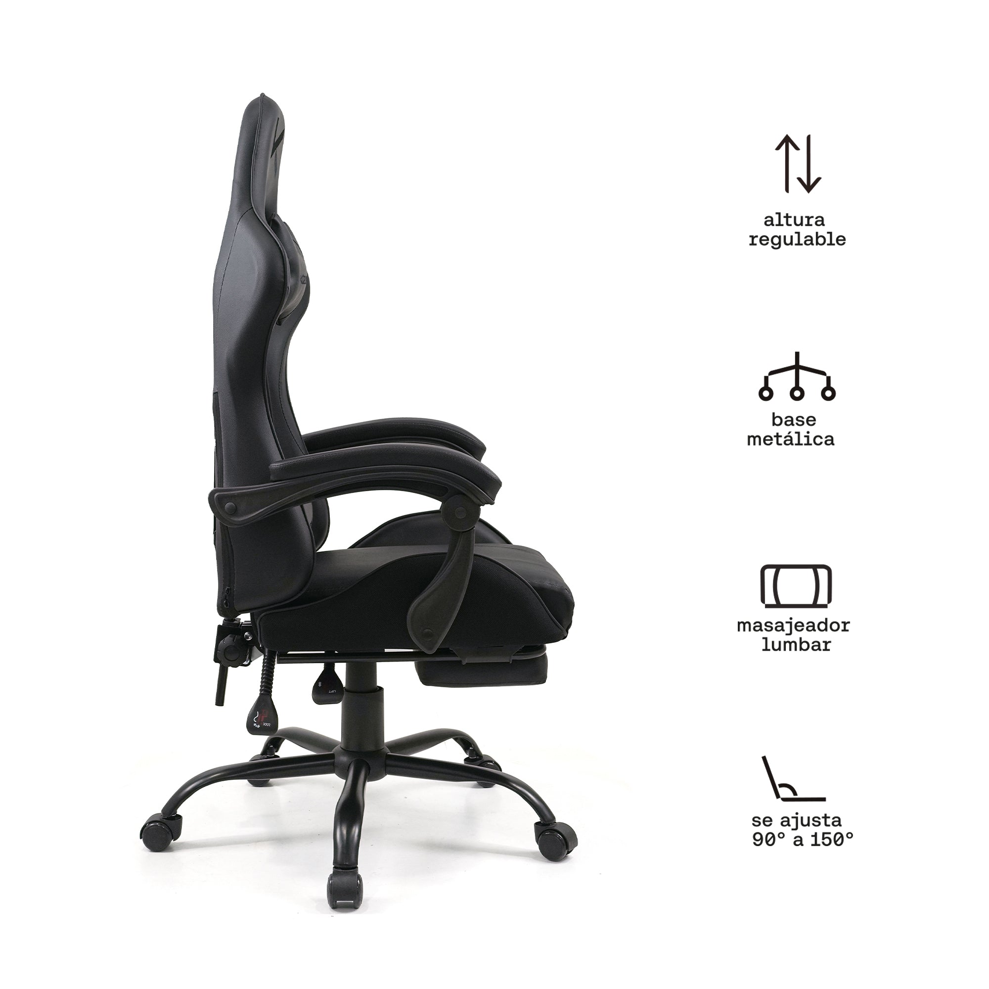 Silla Gamer Kuzler Negra Masajeador Lumbar Reposapiés y Base Metálica RIK-101AB