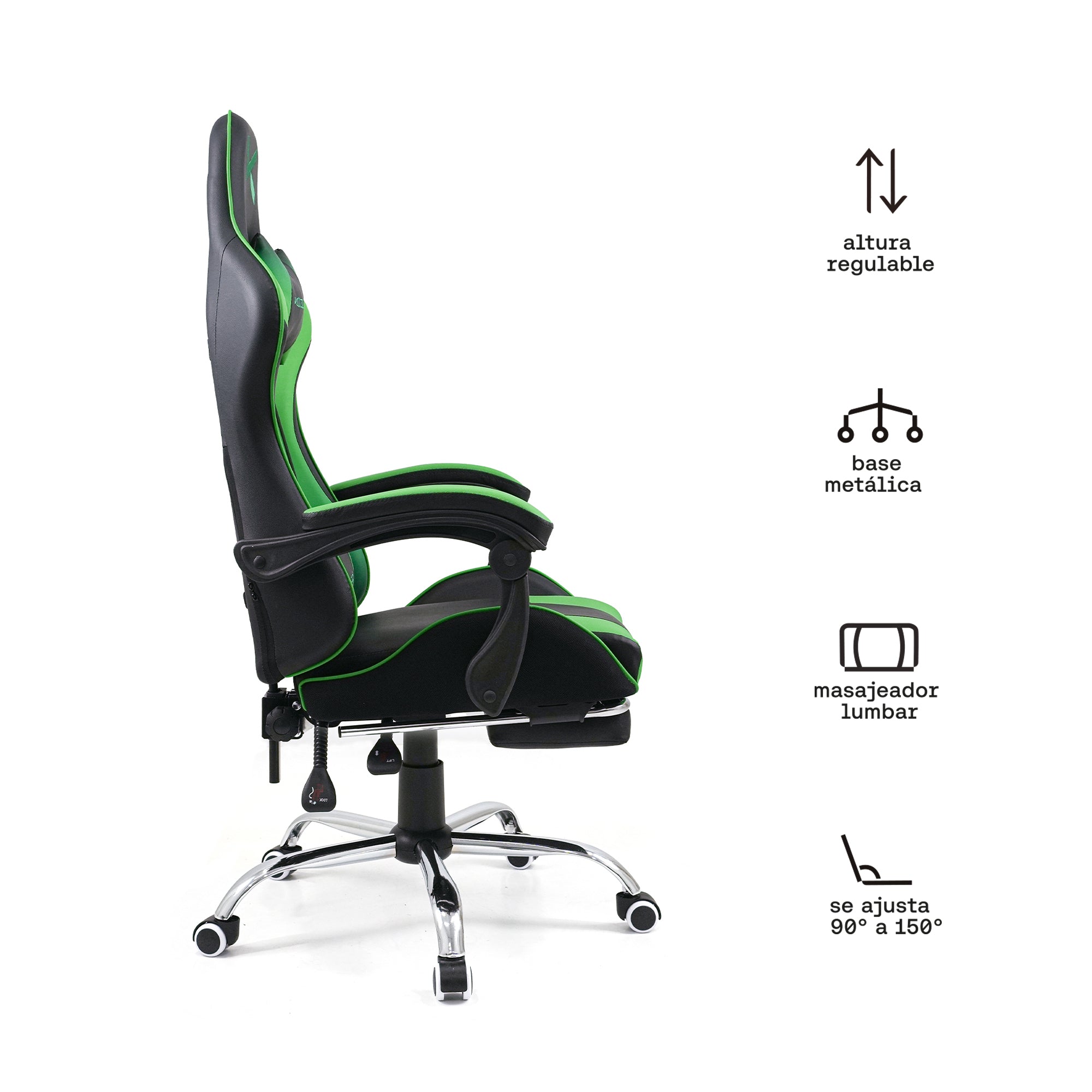 Silla Gamer Kuzler Verde Masajeador Lumbar Reposapiés y Base Metálica RIK-101G