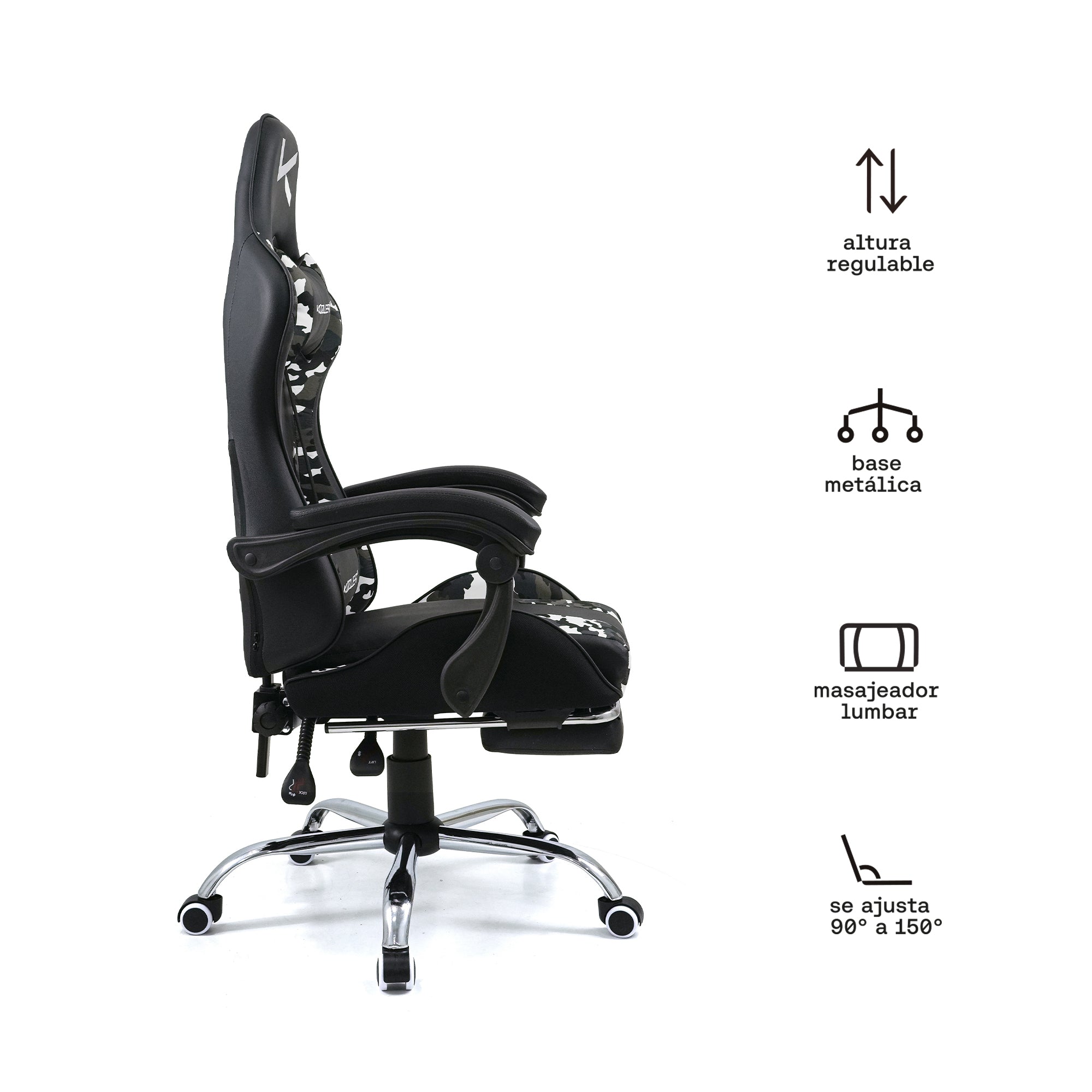Silla Gamer Kuzler Camuflada Masajeador Lumbar Reposapiés y Base Metálica RIK-101CAMO