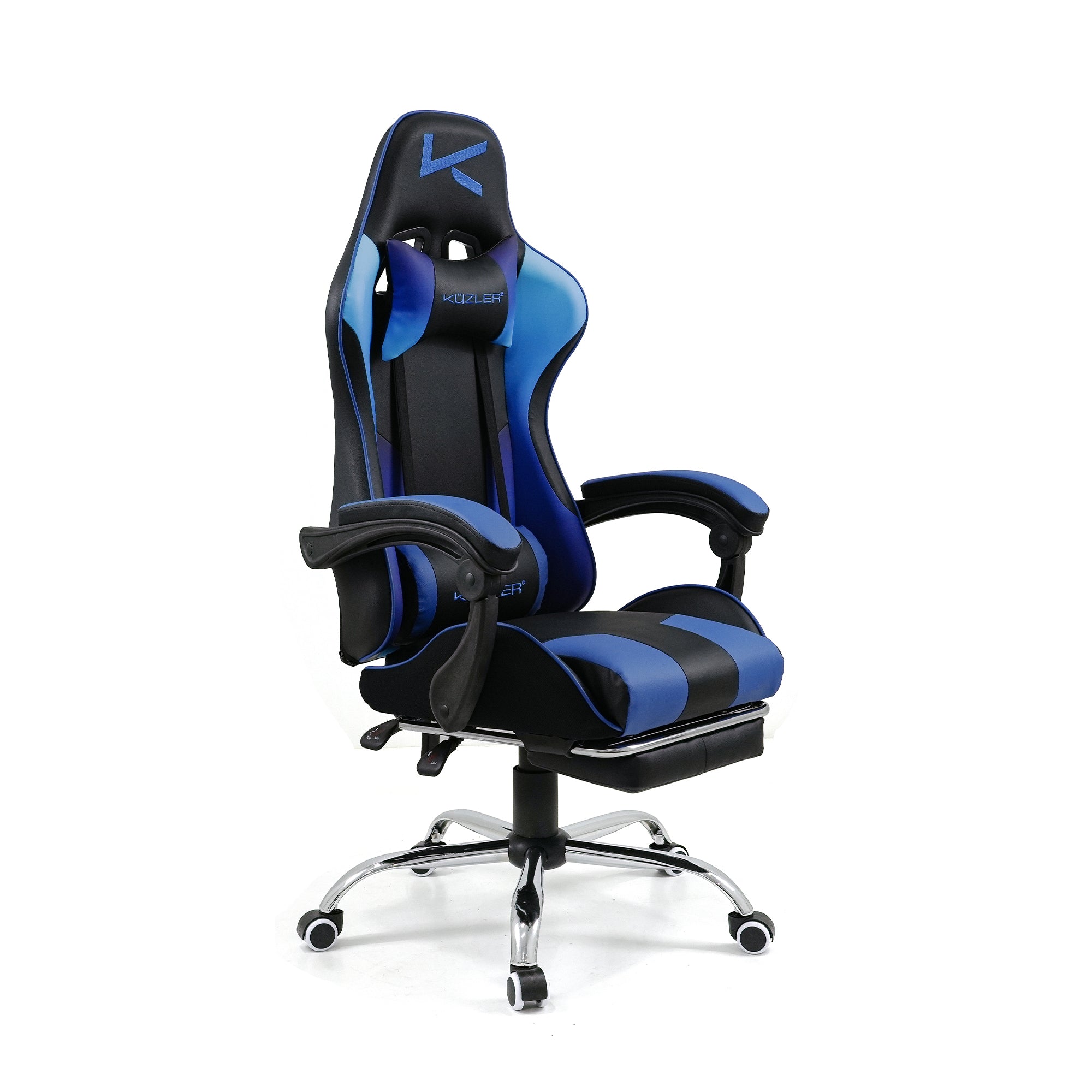 Silla Gamer azul con masajeador lumbar, reposapiés y base metálica RIK-101A