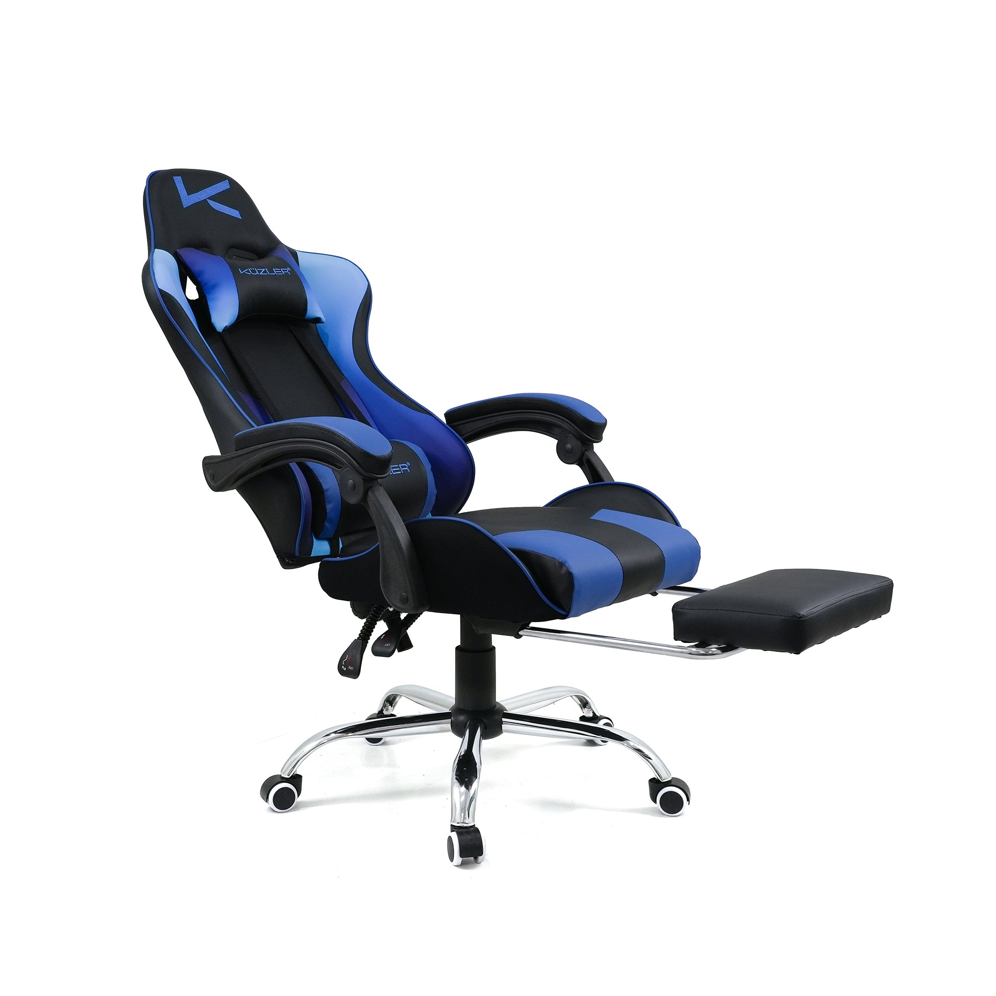 Silla Gamer azul con masajeador lumbar, reposapiés y base metálica RIK-101A