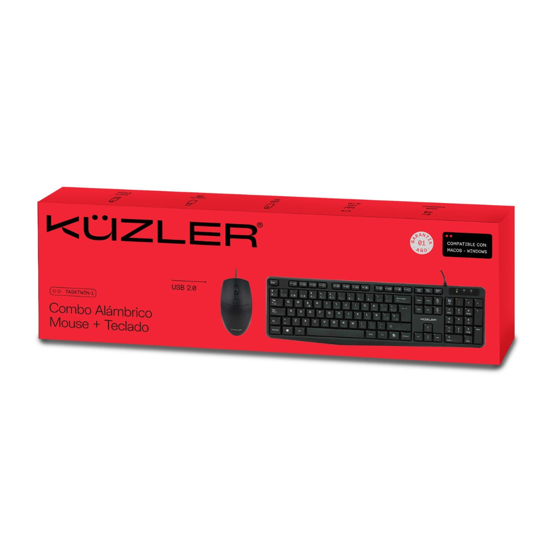 Combo Alámbrico Teclado y Mouse: Cable 1.5m, USB 2.0 Ambidiestro Kuzler