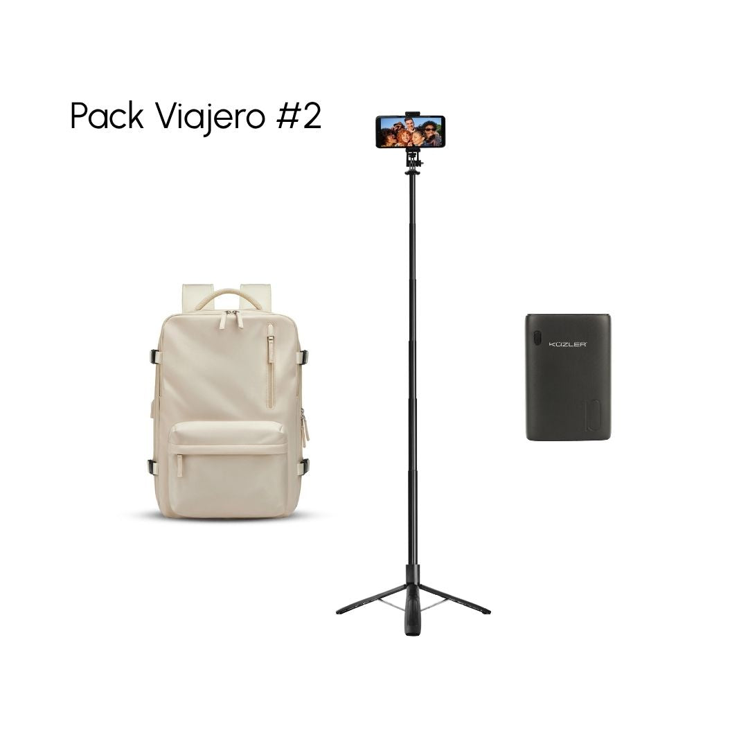 Pack Viajero #2: Mochila Viajera Beige + Trípode Viral + Cargador Portátil