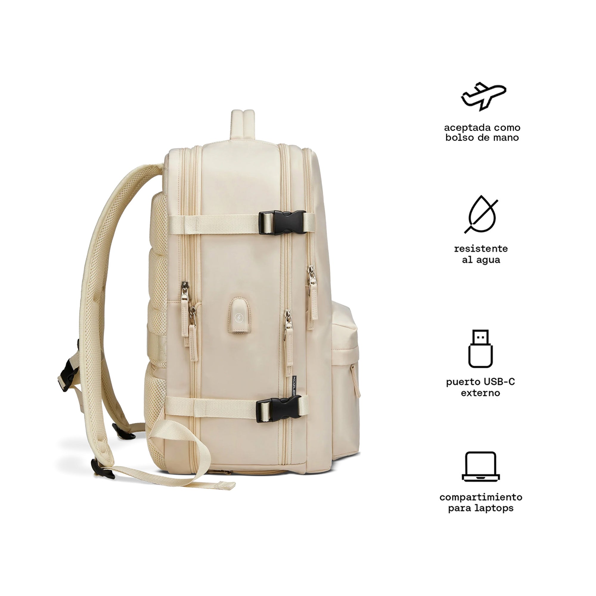 Mochila de viaje deportiva cabinera grande espaciosa beige Kuzler