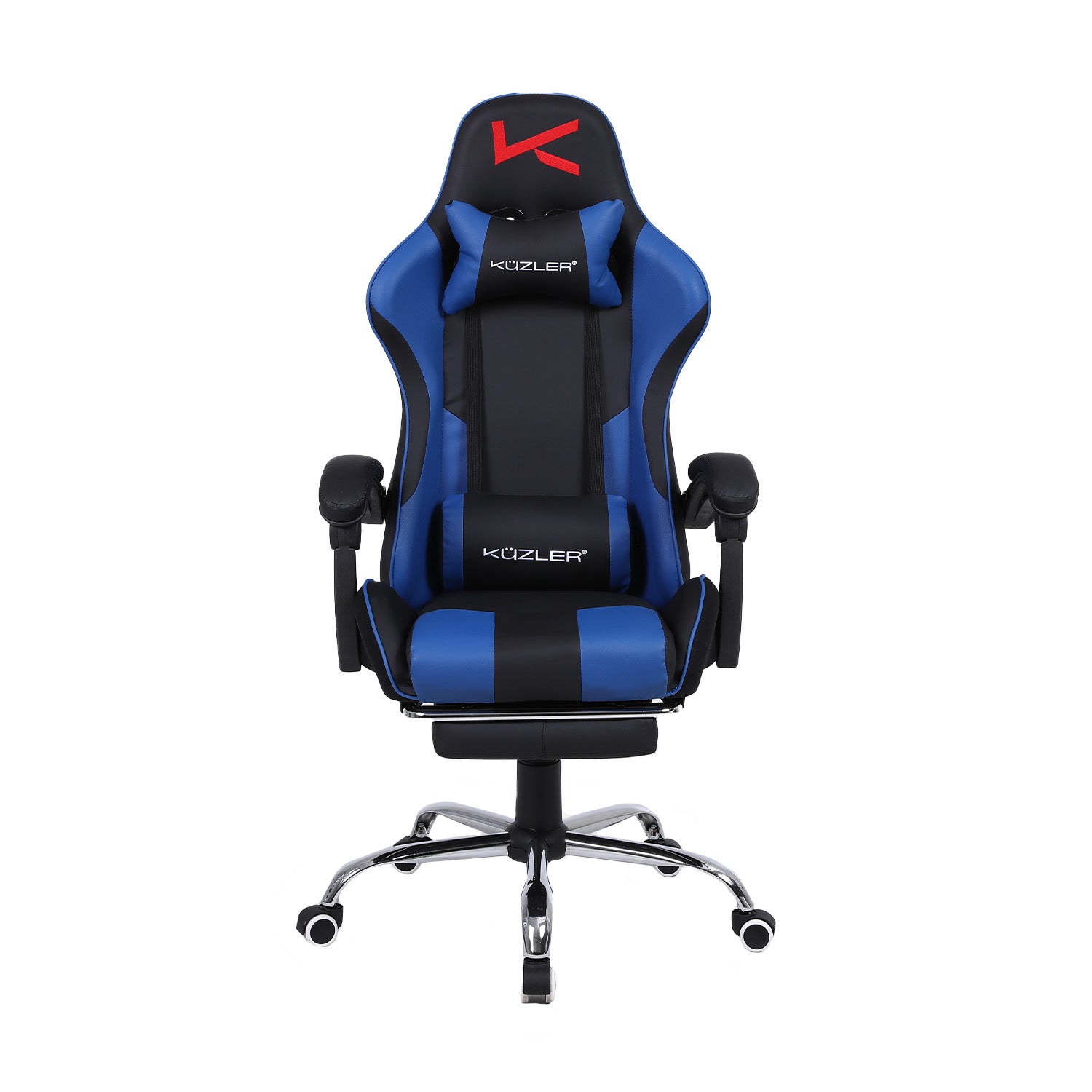 Silla Gamer azul con masajeador lumbar, reposapiés y base metálica