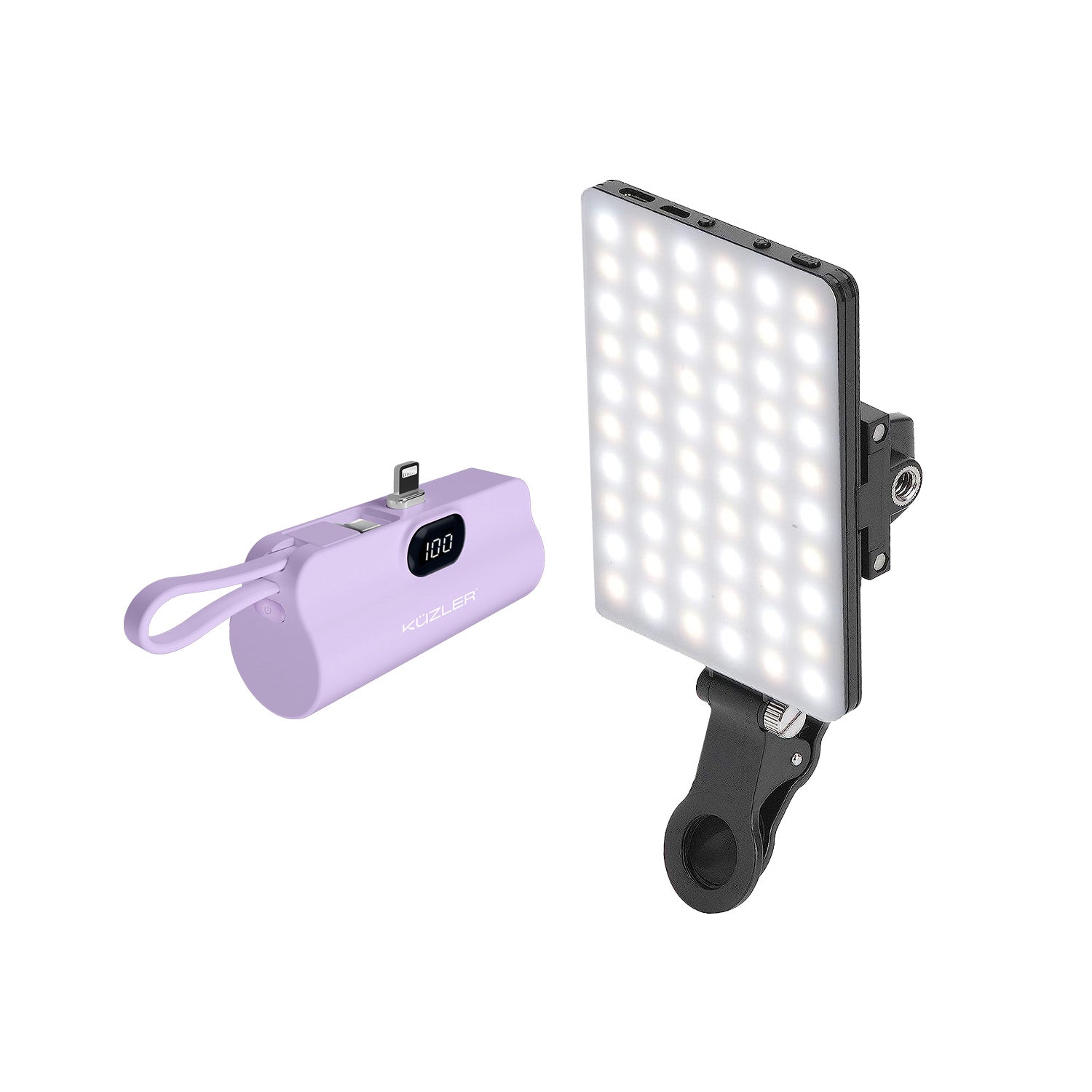 Pack 8 Creadores de Contenido: Nano Cargador Lightning Morado + Cable + Luz Led Selfie Kuzler