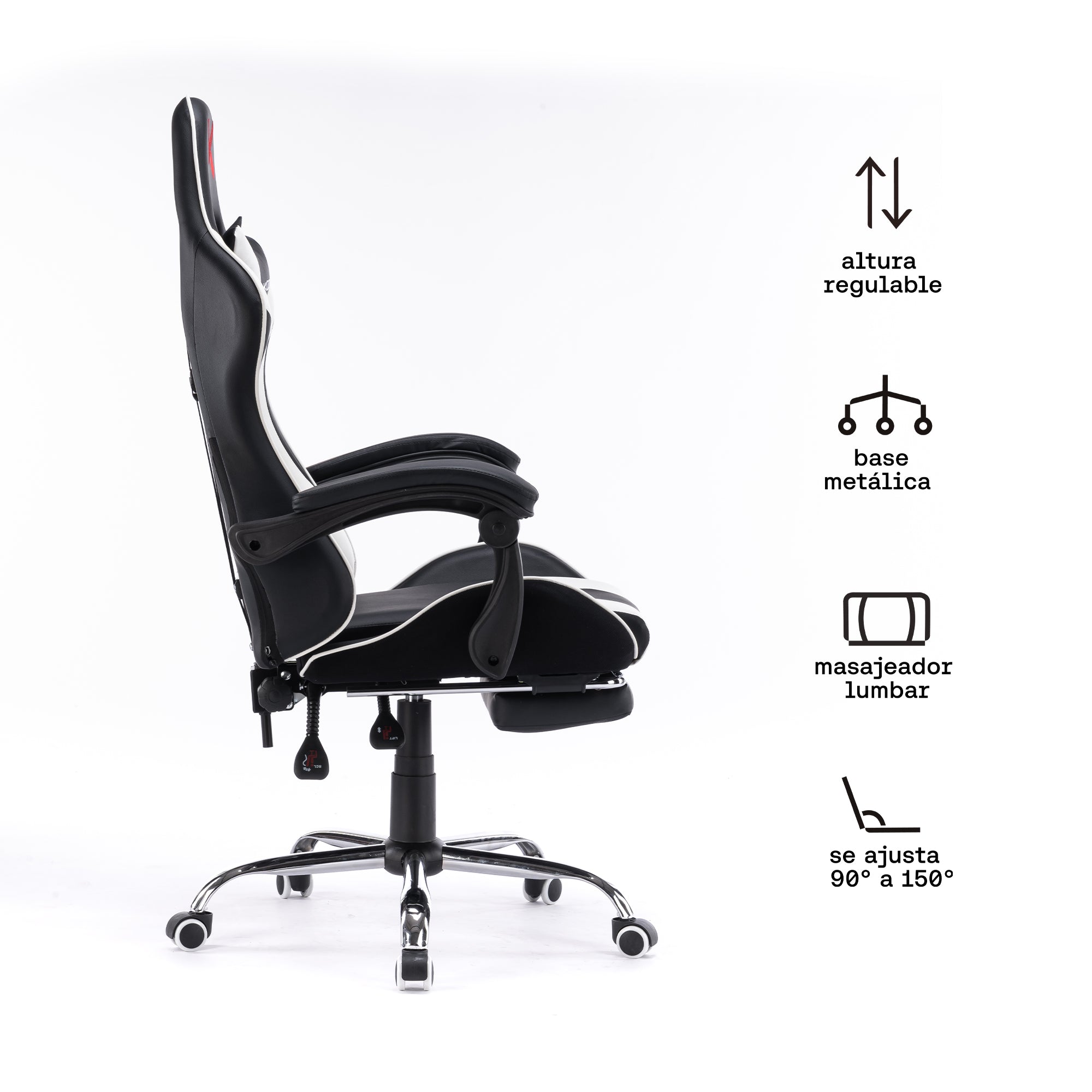 Silla Gamer blanca con masajeador lumbar, reposapiés y base metálica