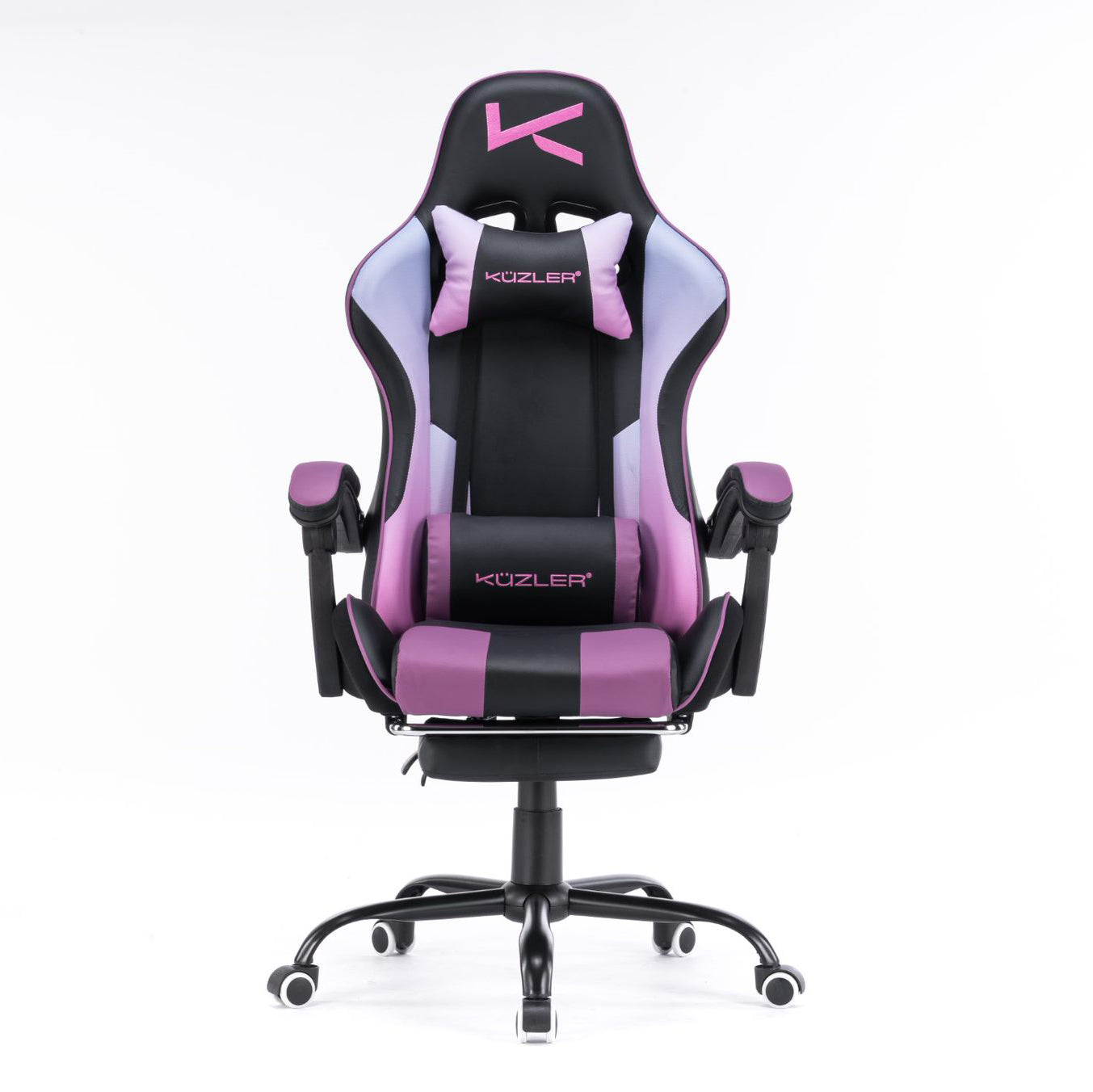 Silla gamer morada con masajeador lumbar, reposapiés y base metálica